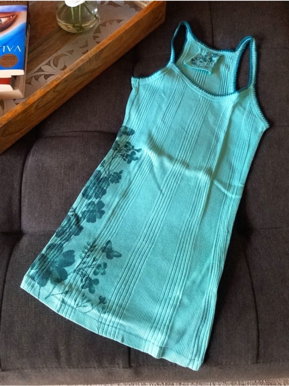 Bershka Fitted Floral & Butterflies Print Mint Green Racerback Top from Spain